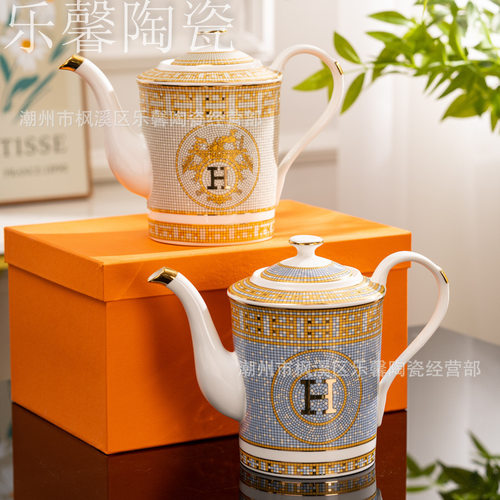 陶瓷咖啡壶礼盒装家用下午茶壶欧式高颜值陶瓷金色大号冷水壶跨境