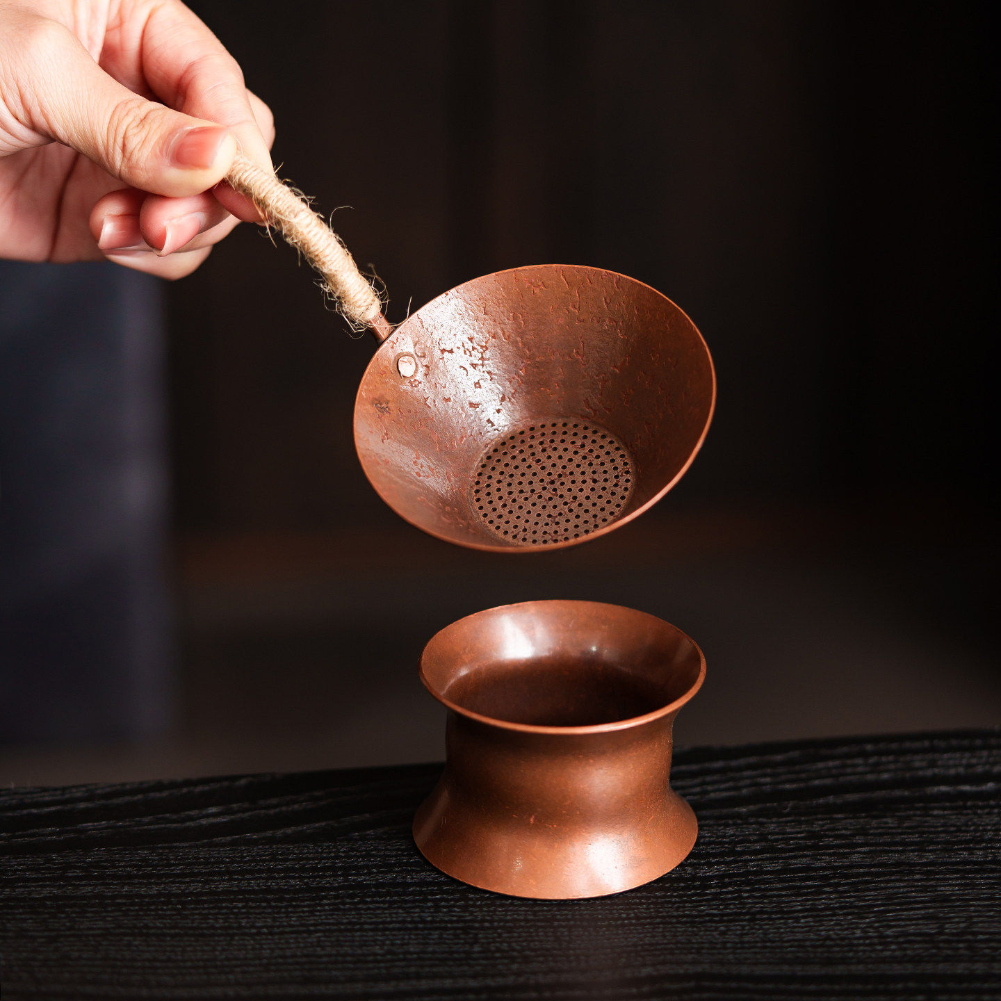 紫铜锤纹茶漏复古麻绳手柄茶滤茶叶过滤器茶漏器家用茶器茶道配件