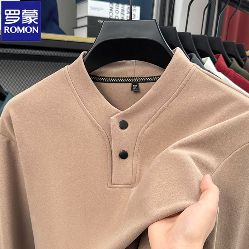 Romon/罗蒙男士卫衣2025秋季新款两粒扣休闲长袖T恤男上衣打底衫
