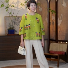 2025春夏三宅绿色上衣宽松显瘦女生日礼品气质女褶皱妈妈套装礼物