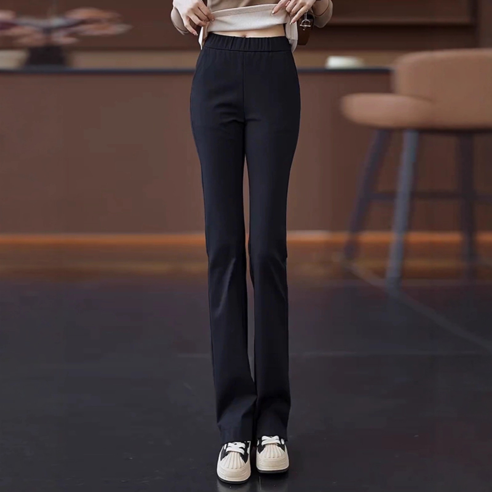 加绒微喇裤女2025年秋冬季新款松紧腰显瘦修身小个子马蹄喇叭