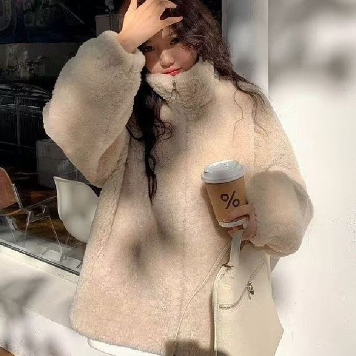 跨境仿羊羔毛加绒加厚外套女宽松棉袄毛绒棉服大码摇粒绒卫衣