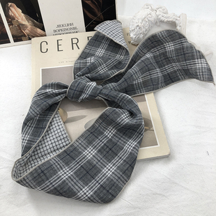 复古文艺灰色纯棉格子长条小领巾女夏季薄款学院风细窄飘带绑发带