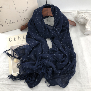 民族风复古文艺藏青色亚麻棉围巾女薄款透气春秋流苏长款护颈围脖