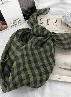 复古文艺100%亚麻绿色格子方巾女护颈薄领巾学院风配裙子遮阳头巾