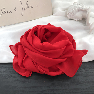 森系复古文艺窄版红色白色棉麻围巾女薄款长条丝巾护颈遮阳配裙子