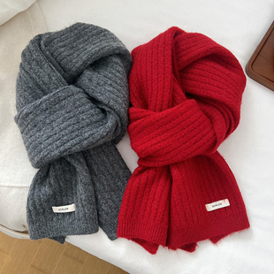 韩系软糯加厚深灰色针织围巾男女冬季学生情侣款红色保暖纯色围脖