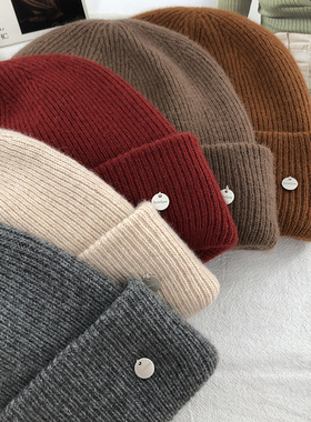 高品质兔绒针织帽子男女冬季奶白显脸小灰色羊毛毛线帽加厚情侣款