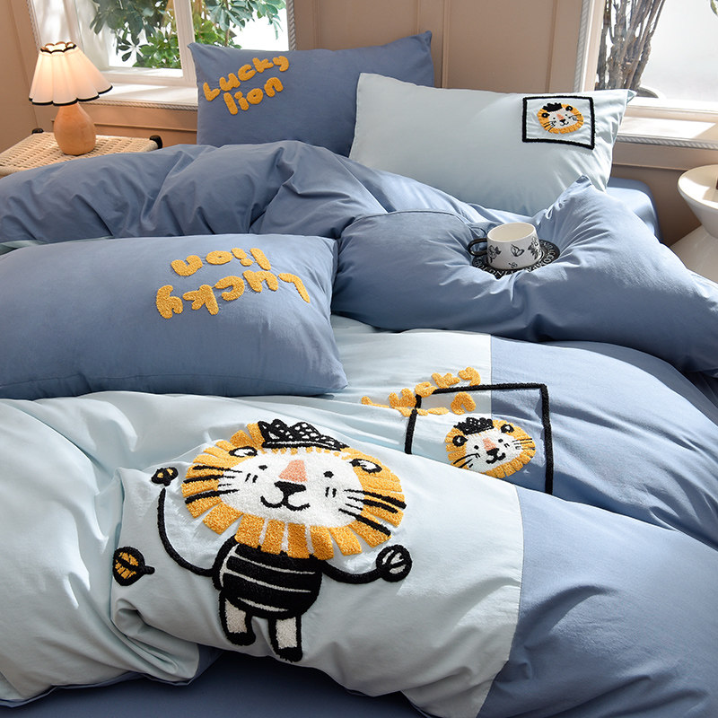 A类呆萌可爱狮子卡通全棉水洗棉四件套儿童男孩床品宿舍三件套1.2