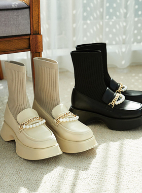 ORiental TRaffic秋冬增高松糕底金属珍珠链配饰套筒弹力短靴女