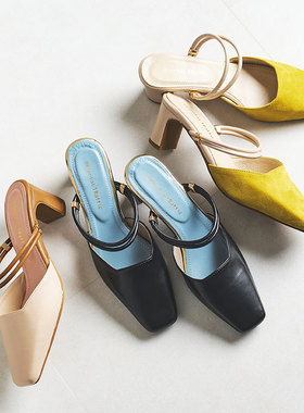 ORiental TRaffic日系双带马蹄跟新款时尚仙女风外穿高跟拖鞋女春