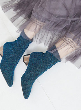 ORiental TRaffic日系秋冬新款金属亮丝尖头粗方跟套筒短靴女