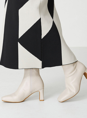 ORiental TRaffic早秋新款方头米色日系侧边拉链马蹄跟短筒靴子女