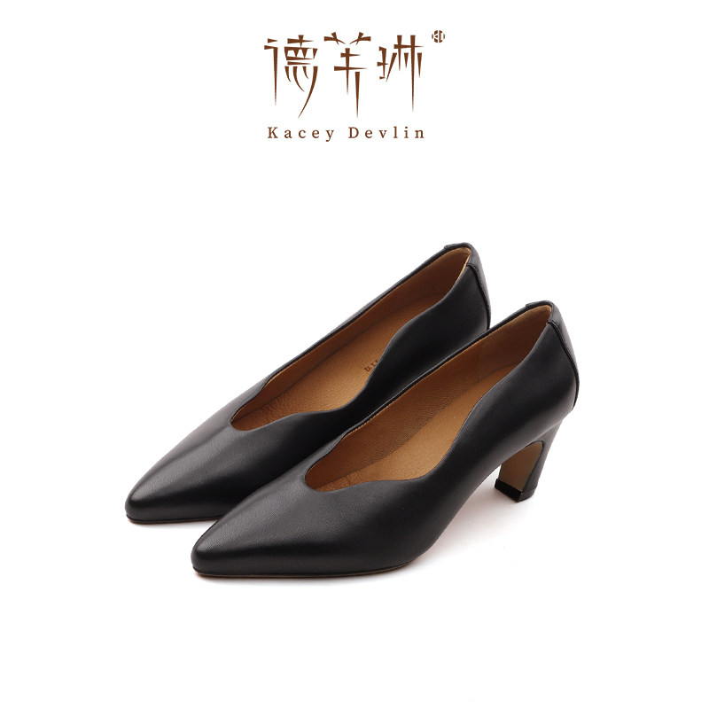 德芙琳鹿皮黑色高跟鞋波浪浅口尖头粗跟真皮鞋气质高级不累脚单鞋