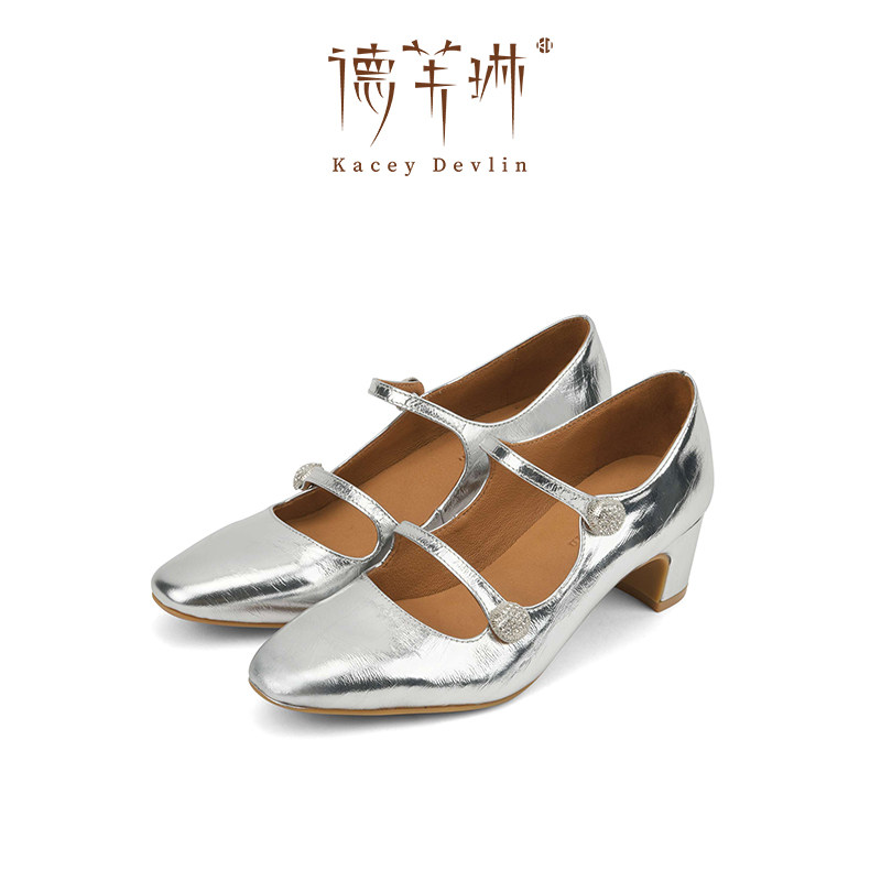 【福利价】德芙琳鹿皮一字扣银色玛丽珍鞋不累脚气质粗跟高跟鞋