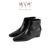 德芙琳秋冬新款 真皮坡跟短靴女尖头后拉链马丁靴短靴气质女鞋