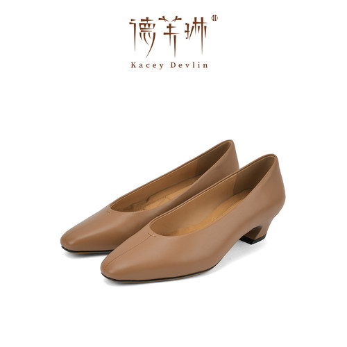 德芙琳鹿皮中跟奶奶鞋女棕色通勤