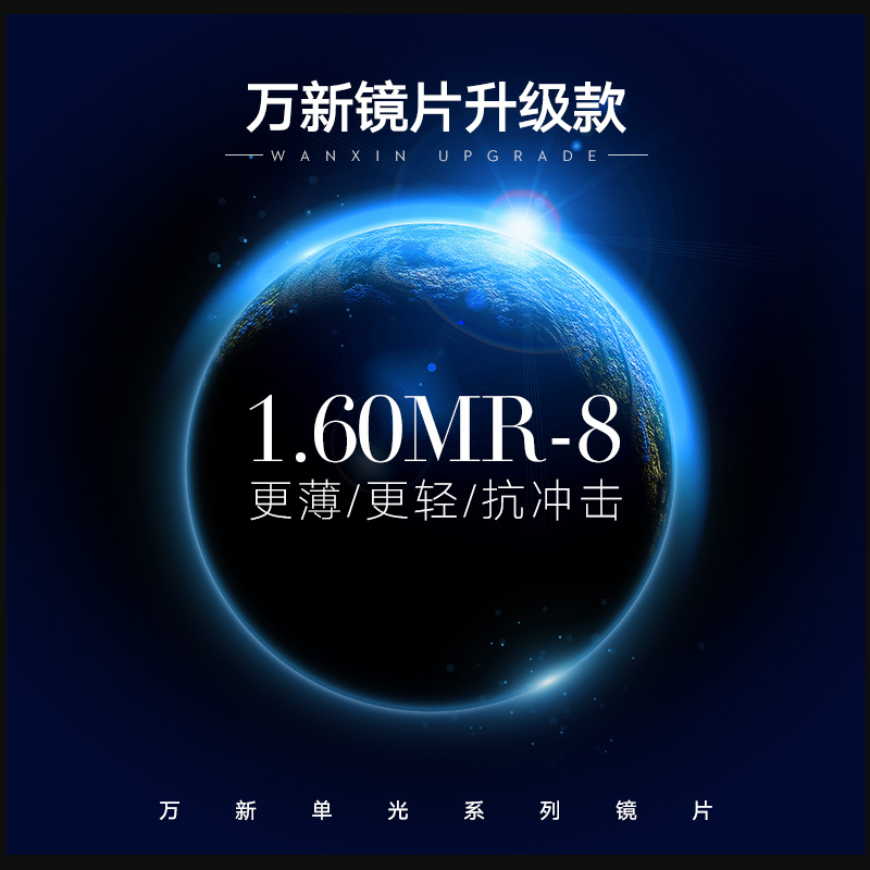 万新镜片MR-8超韧1.60树脂非球面防蓝光镜片网上配镜实体同款近视