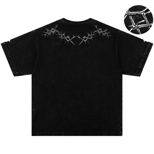 88rising黑胶唱片系列 美式重磅荆棘高端刺绣宽版复古水洗短袖T恤