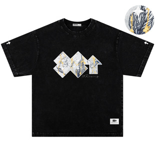 88rising 黑胶唱片系列 破碎图案刺绣美式重磅复古水洗短袖T恤