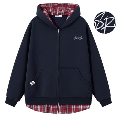 88rising假两件学院风字母刺绣格纹拼接重磅连帽开衫情侣卫衣外套