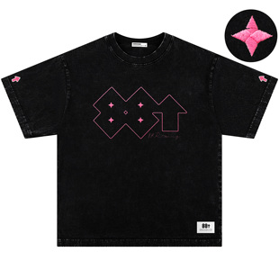 88rising 黑胶唱片系列 粉红LOGO刺绣美式复古重磅水洗短袖T恤