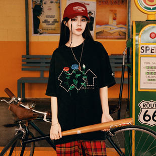 88rising 黑胶唱片系列 变异玫瑰花刺绣重磅美式复古水洗短袖T恤