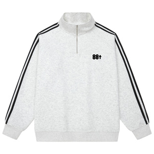 88rising 美式三条杠拼接半拉链校园风外套复古基础长袖套头卫衣