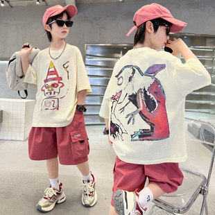 短裤 工装 套装 新款 痞帅洋气两件套潮 男大童夏季 中大童夏装 涂鸦短袖