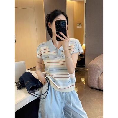 撞色条纹Polo衫翻领小飞袖针织T恤女夏季设计感减龄刺绣宽松上衣
