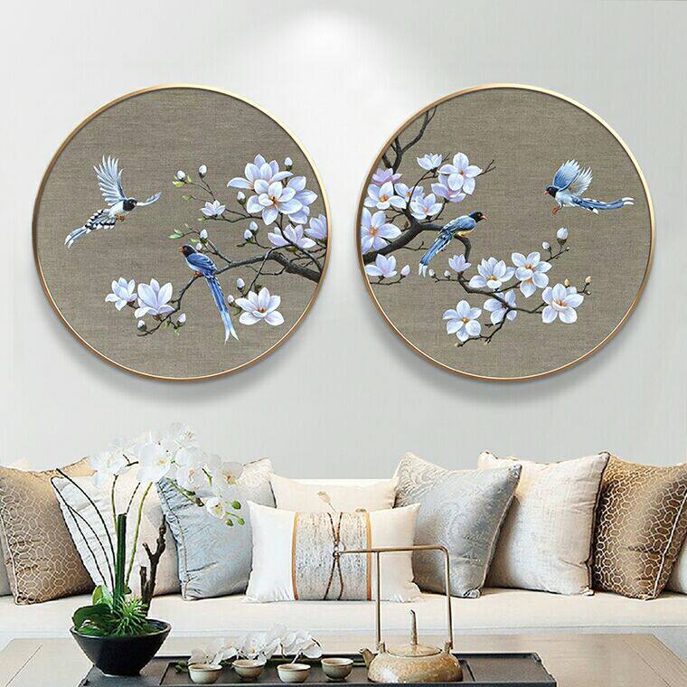 新款印花正品DMC十字绣新中式客厅卧室二联画圆形花鸟图 鸟语花香