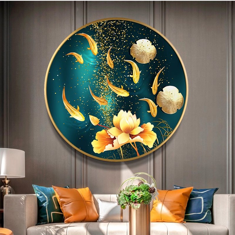 印花餐厅玄关圆形金色九鱼图
