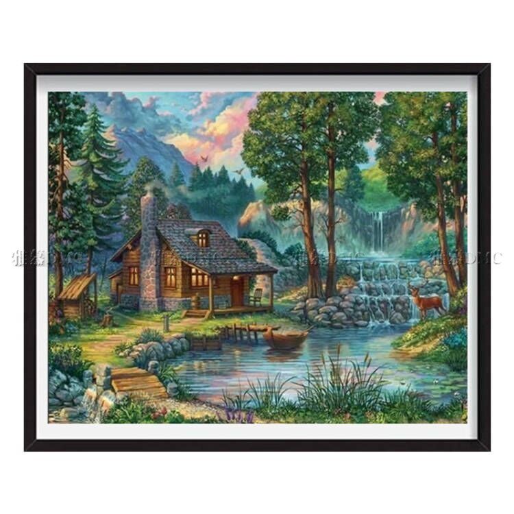 新款印花正品DMC十字绣客厅卧室餐厅欧式风景画清新田园湖边小屋