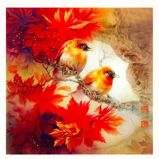 新款印花法国正品DMC十字绣客厅卧室餐厅风景油画红林鸟双栖图