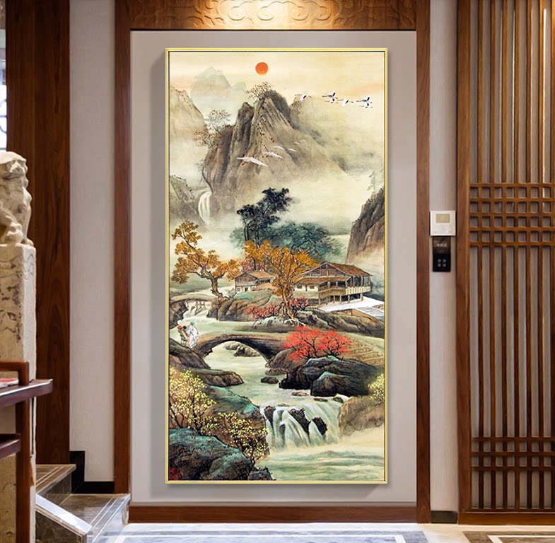 新款印花正品DMC十字绣客厅玄关风景新中式山水画安居福地 聚宝盆