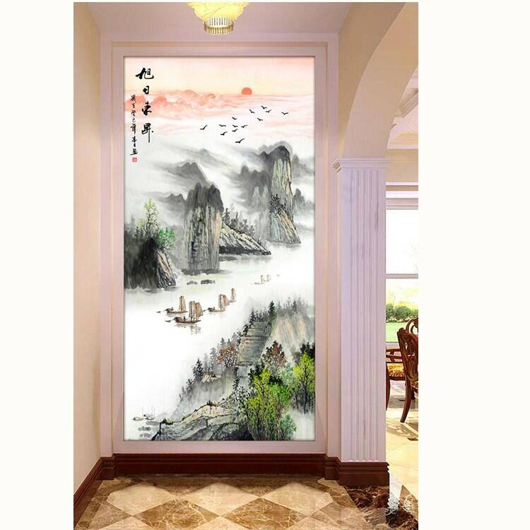 印花客厅玄关竖版水墨画十字绣