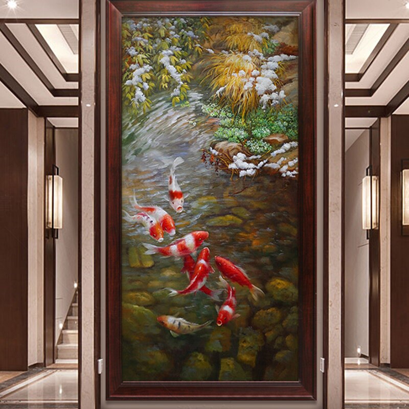 新款印花DMC十字绣客厅玄关中式竖版风水油画 九鱼锦鲤图