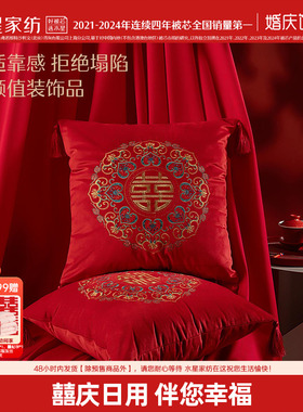 水星家纺结婚刺绣靠垫枕芯家用婚庆床品抱枕大红色喜庆坐垫