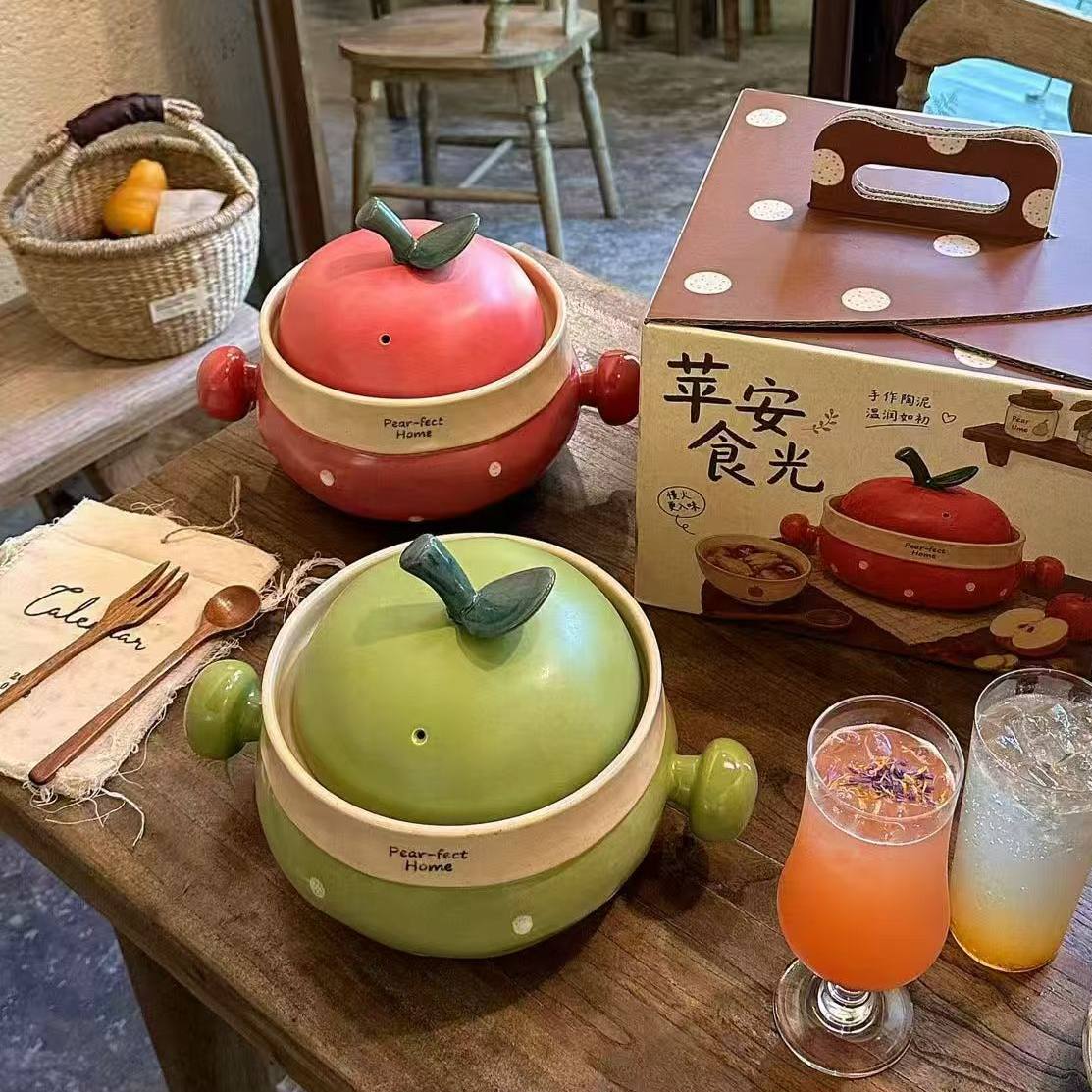 可爱超萌苹果浮雕陶瓷汤锅明火