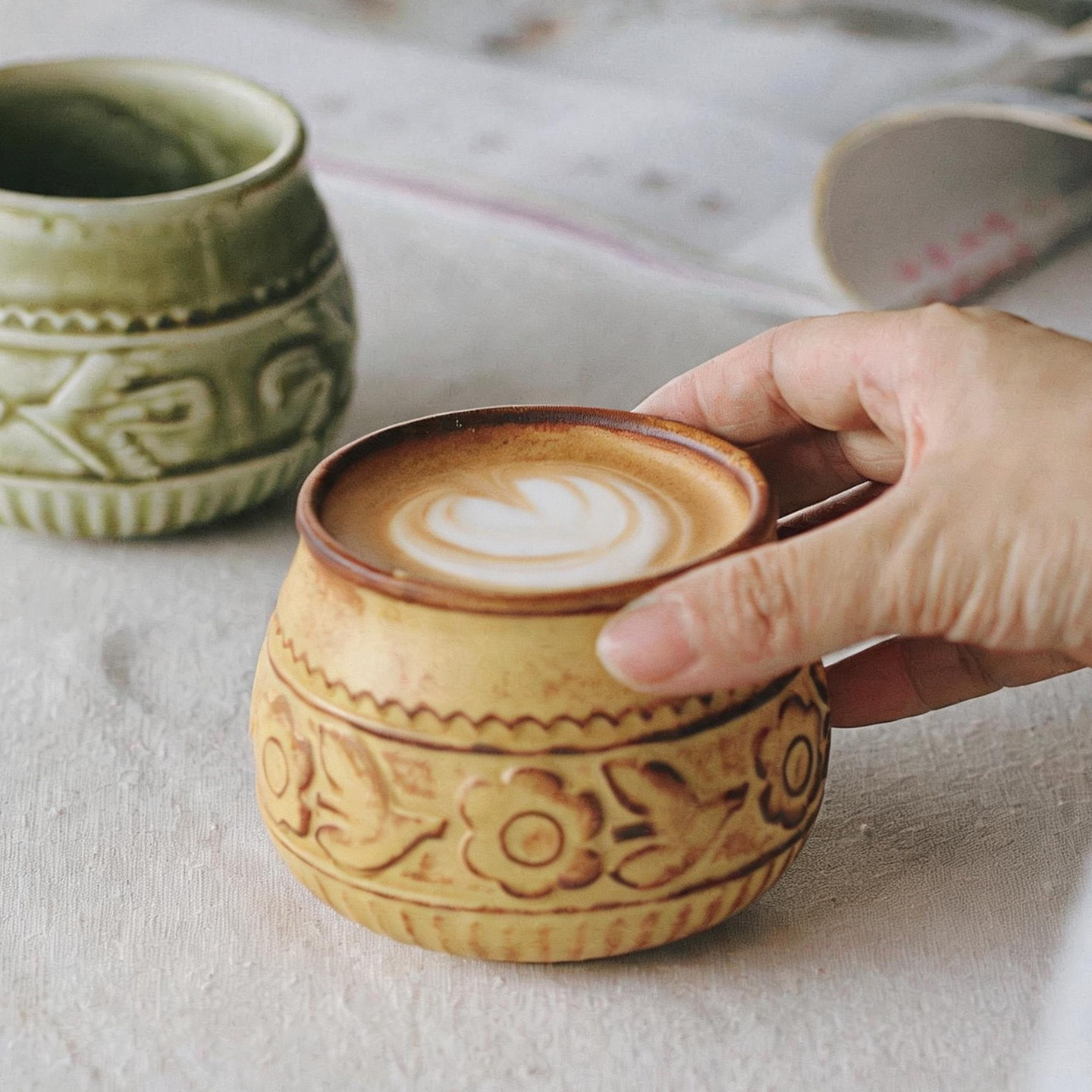 复古欧式浮雕粗陶无把杯茶杯