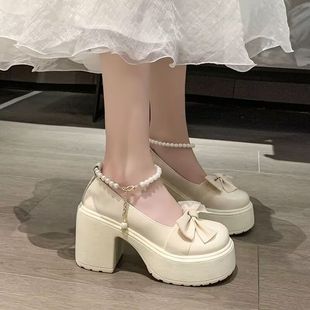 高跟玛丽珍小皮鞋女2023年春新款仙女风蝴蝶结厚底粗跟珍珠配裙子