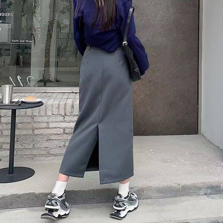 美式bella工装半身裙女春秋小个子西装半步裙高腰黑色开叉长裙子