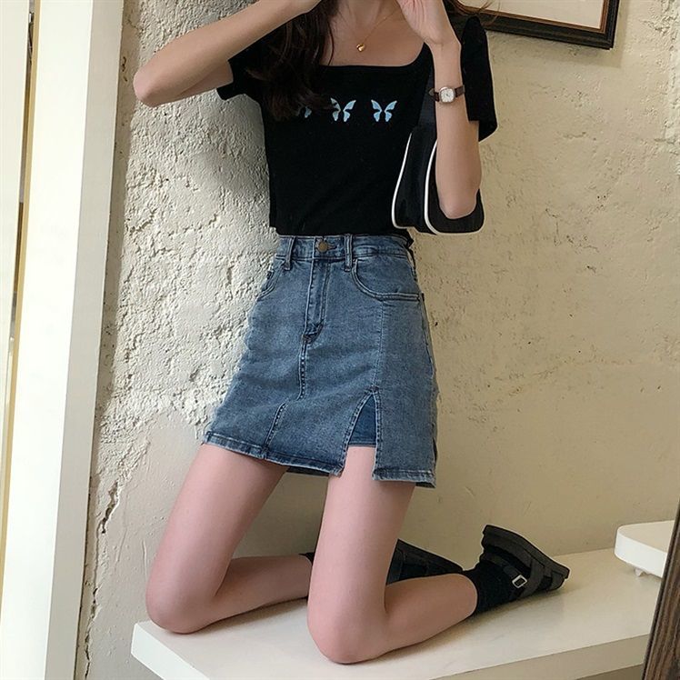 弹力牛仔短裙女2022夏新款辣妹裤裙高腰a字包臀裙开叉半身裙子ins
