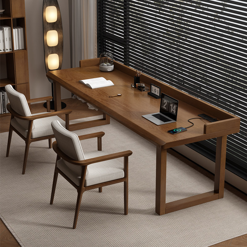 实木电脑桌2026新款加挡板书桌中古风长条桌子台式办公桌工作台