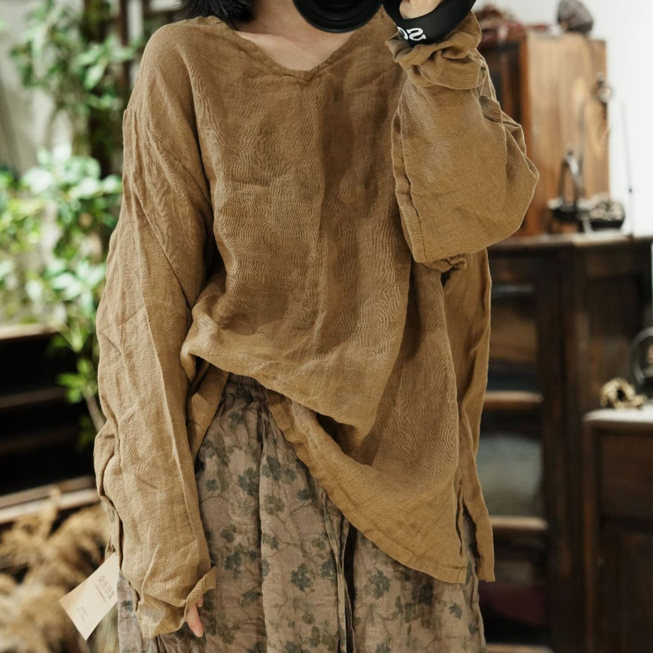 素年未央亚麻v领女套头落肩小衫