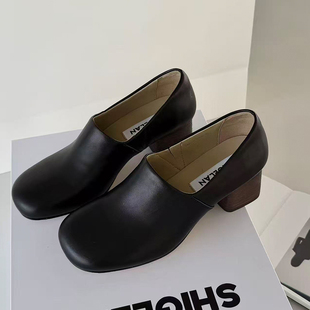 诗歌兰极简风圆头粗跟乐福鞋女2026春季新款真皮一脚蹬百搭小皮鞋