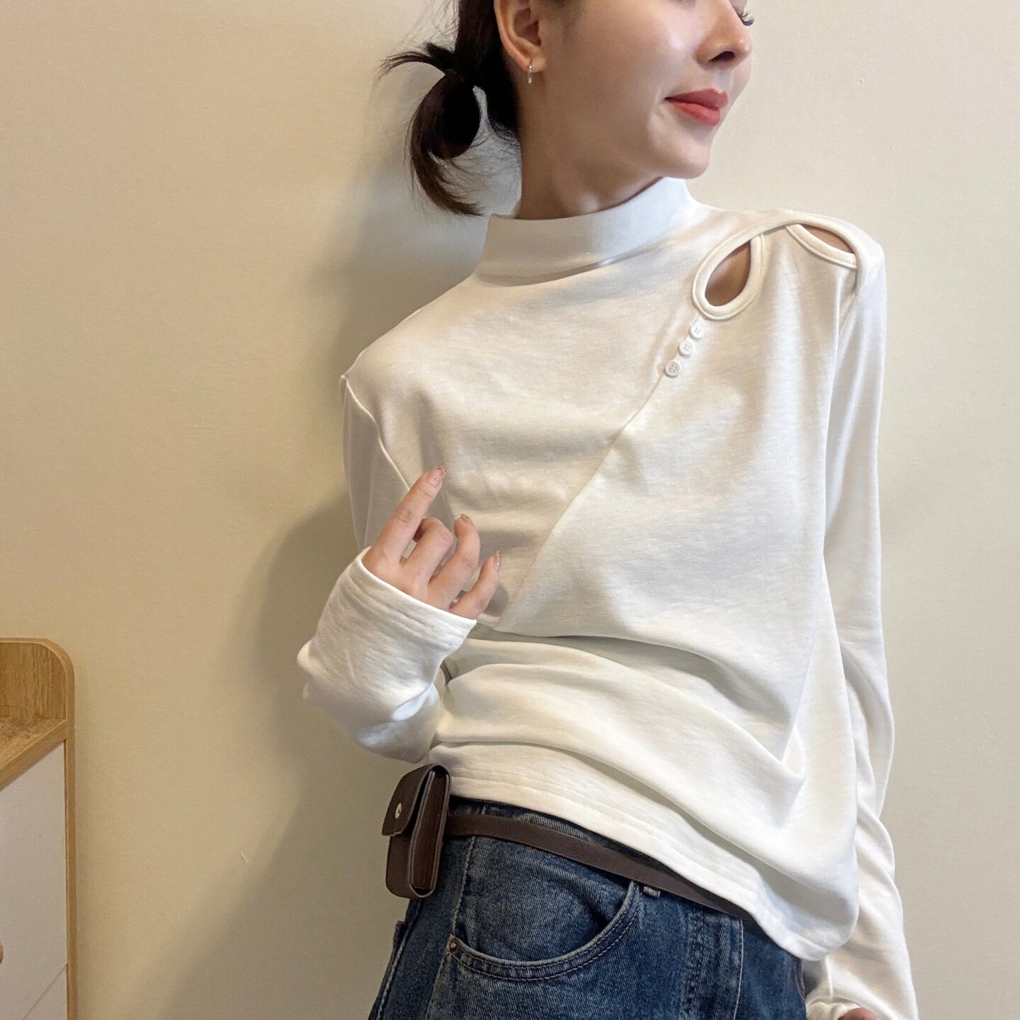 欧洲站简约纯色半高领上衣女