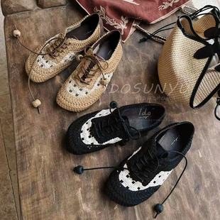 系带圆头休闲鞋 ido女鞋 百搭手工编织镂空平底单鞋 时尚 潮 2026新款