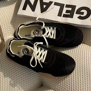 诗歌兰复古风德训鞋女2026新款真皮系带平底阿甘鞋百搭休闲运动鞋