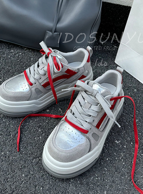 ido厚底面包鞋女2026春季新款运动休闲鞋系带撞色百搭舒适板鞋潮